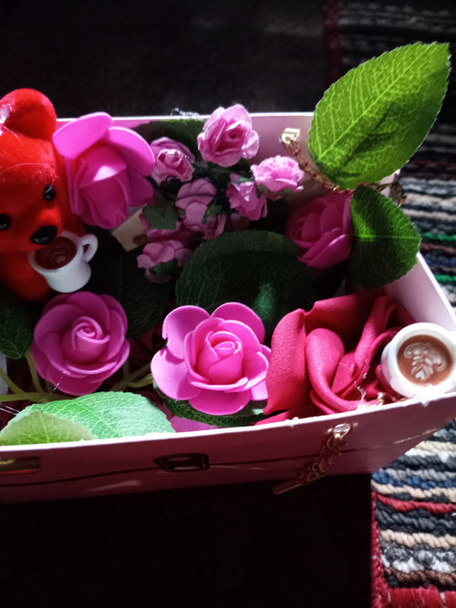 Handcrafted gift box with pink and red foam roses and a red teddy bear