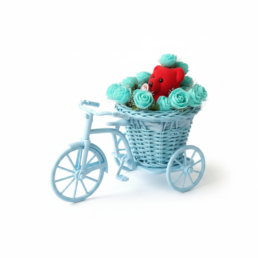 Blue bicycle planter with teal roses and red teddy bear on white background