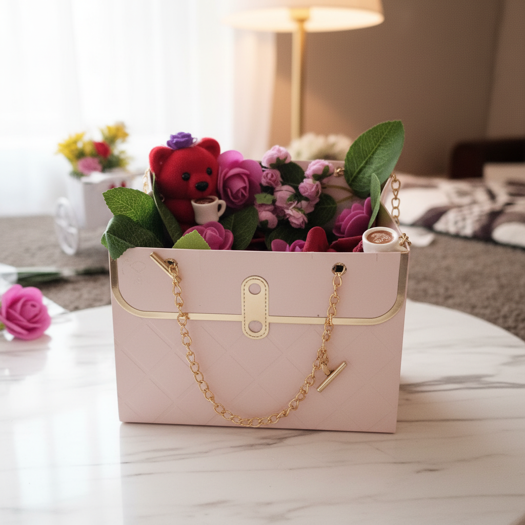 Teddy bear handbag rose gift box lifestyle image