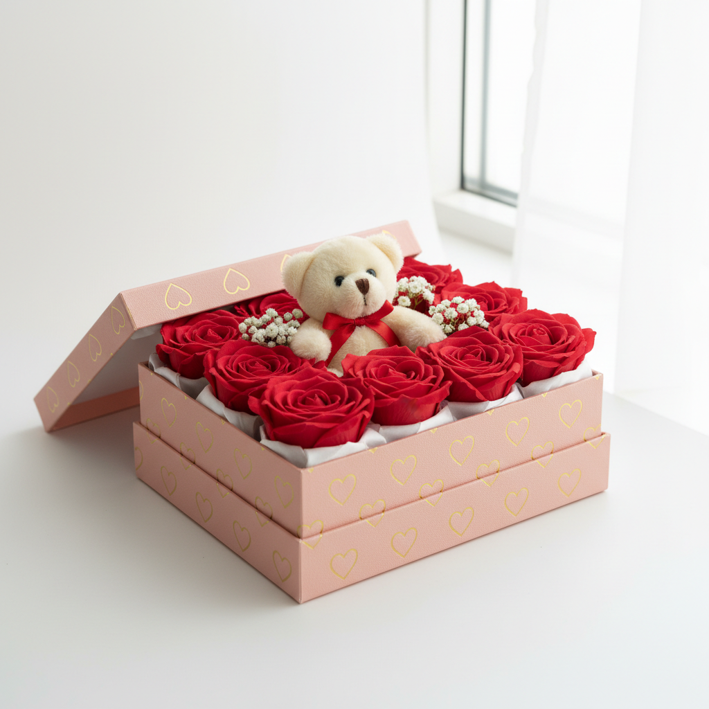 Romantic rose and teddy bear gift box on white background