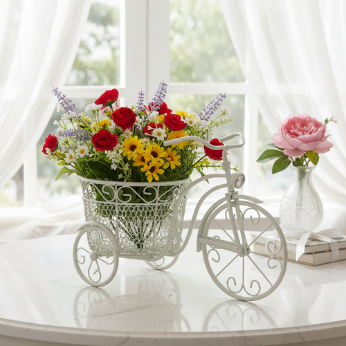 Decorative floral bicycle planter with colorful artificial flowers in elegant home setting